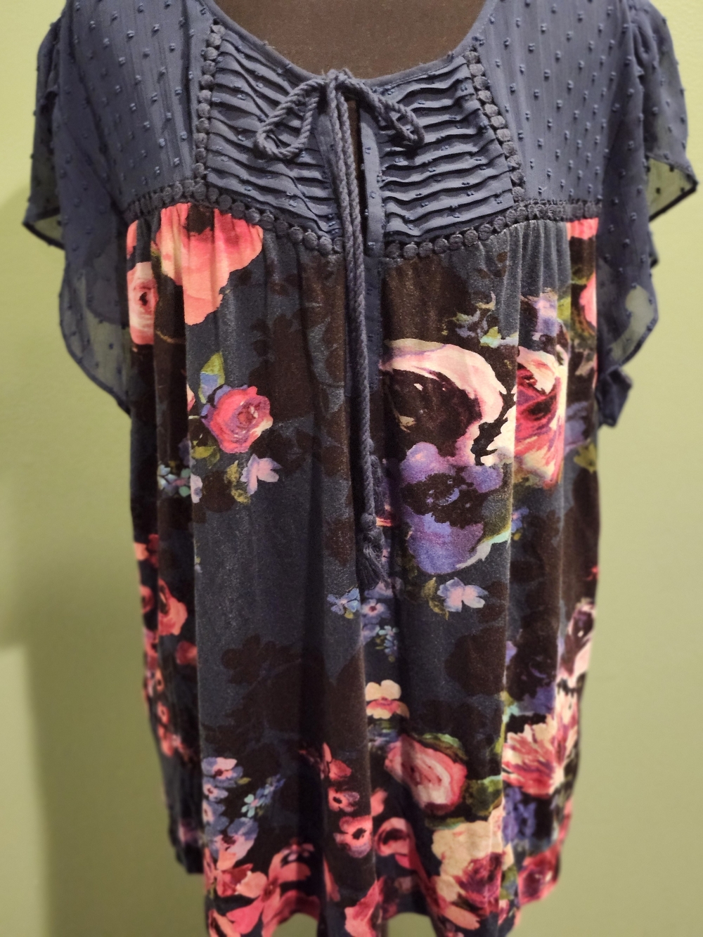 Daniel Rainn Navy Floral Pintuck Tie-Front Tunic